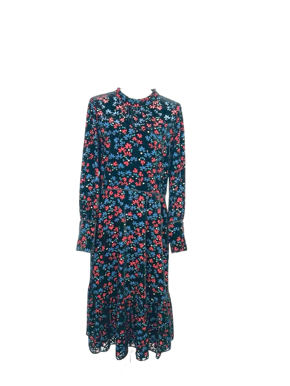Draper James Floral Velvet Burnout Midi Dress Sz 12 Black Pink Blue Long Sleeve
